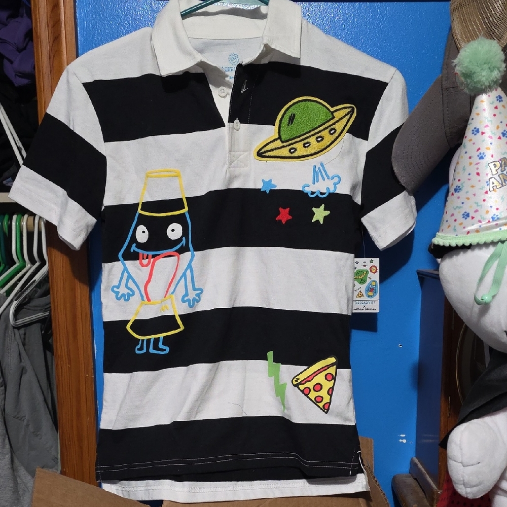 Striped Kids Polo Shirt with UFO and Pizza Design